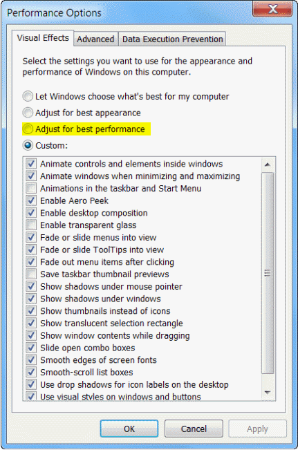 Adjusting the Visual Settings in Windows 7 for best performance