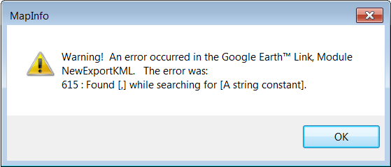 Resolving Google Earth KML export error "615: Found [,] while searching ...