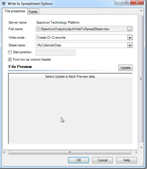 Spectrum 'Write to Spreadsheet' stage with create and overwrite options