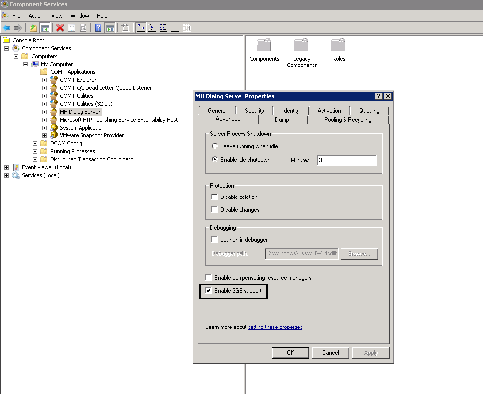 How to enable 3GB support for the MH Dialog Server in Component ...