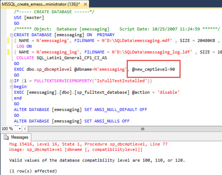e-Messaging - database compatibility values in SQL Server 2014