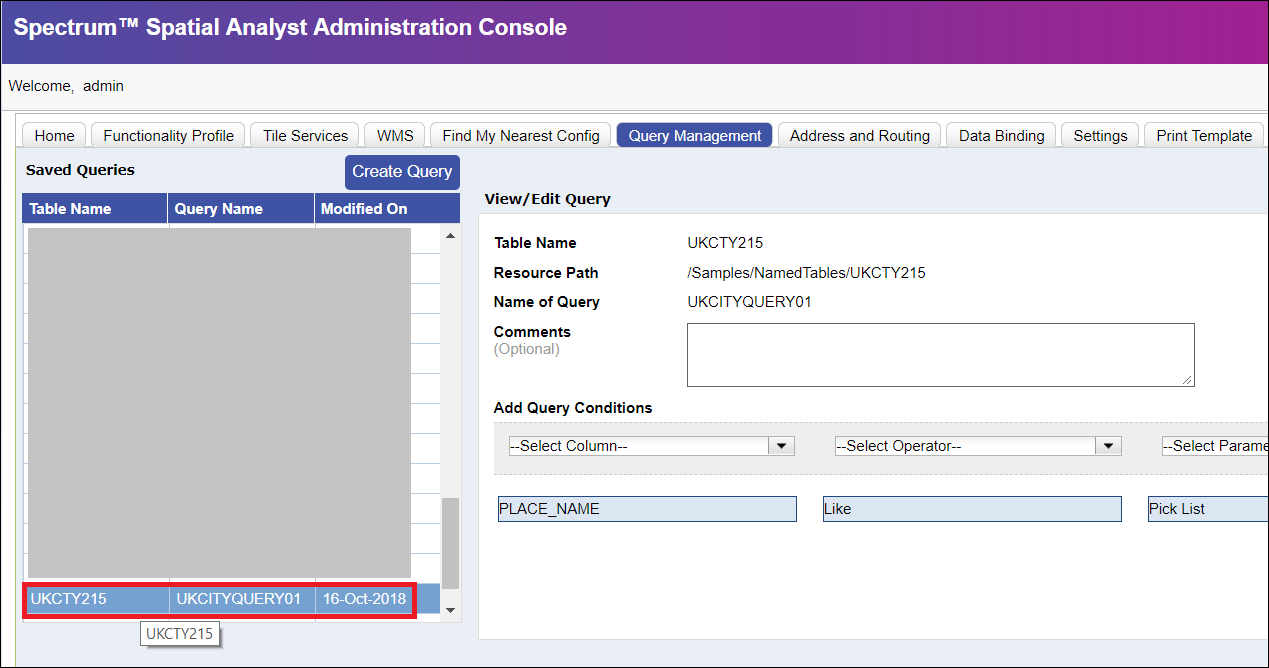 Accessing admin queries in the search box in Spectrum Spatial Analyst