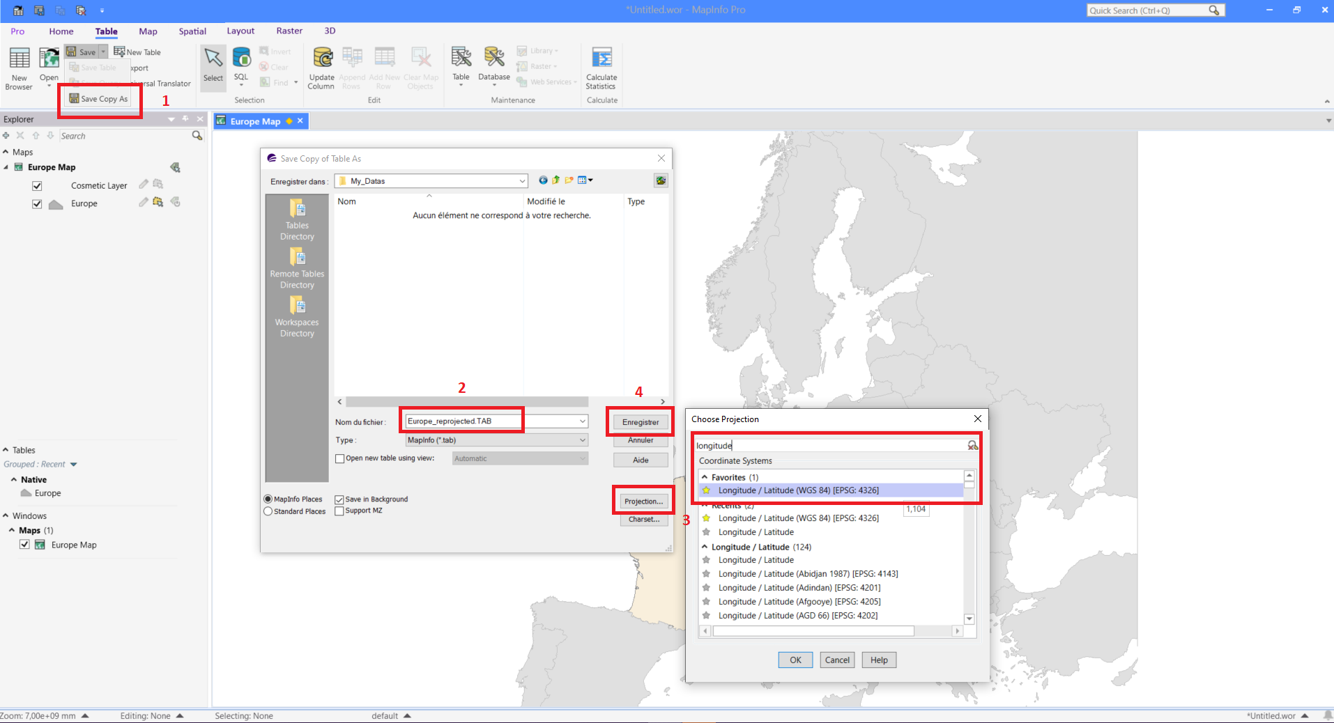 Reprojecting or changing the projection of a table in MapInfo Pro