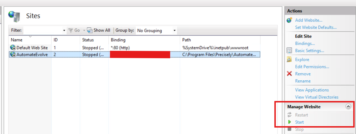 Automate Evolve- Cannot restart WSEvolve site from IIS: Error W3SVC stopped