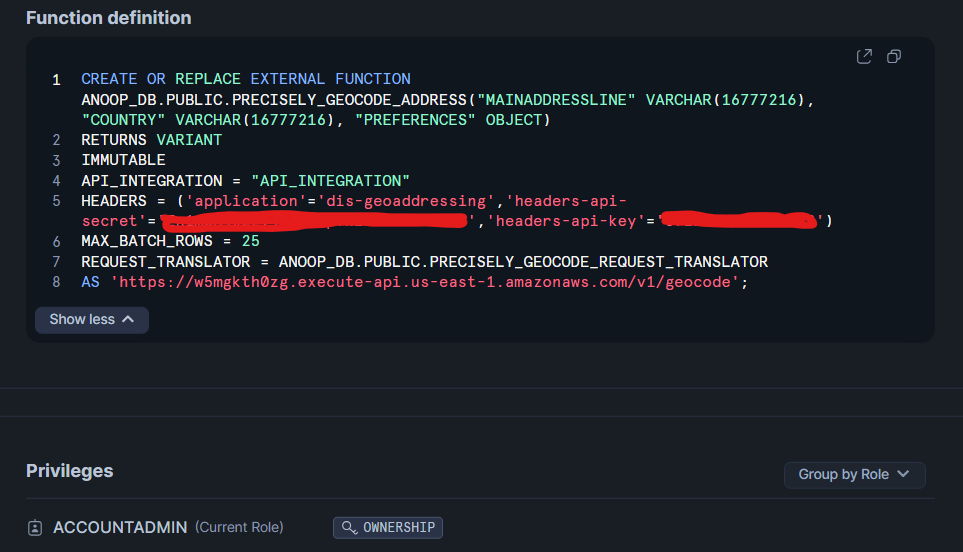 DIS snowflake UDF error SQL compilation error