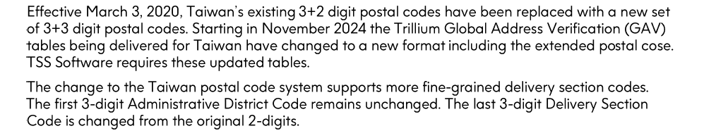 Trillium - Taiwan - 6 Digit Postal Code