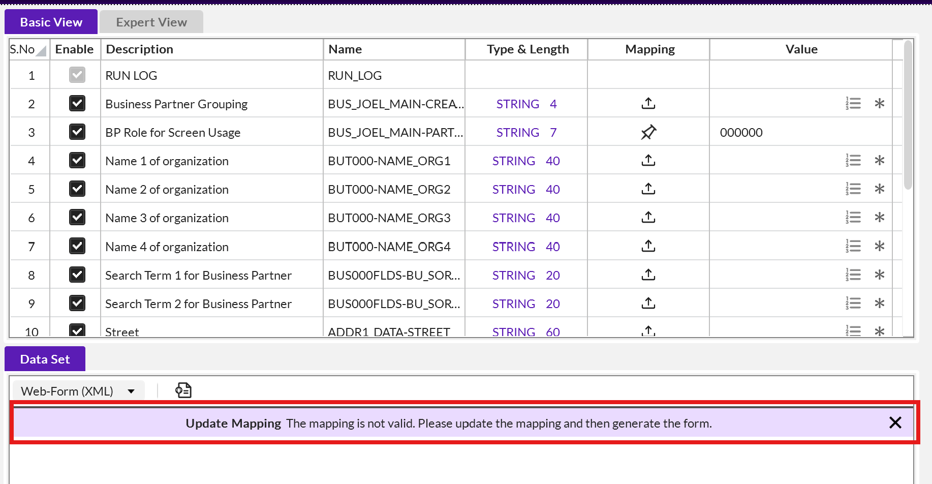 Update mapping The mapping is not valid. Please update the mapping and ...