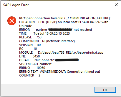 SAP Logon Error: partner not reached - Connection timed out in Automate ...