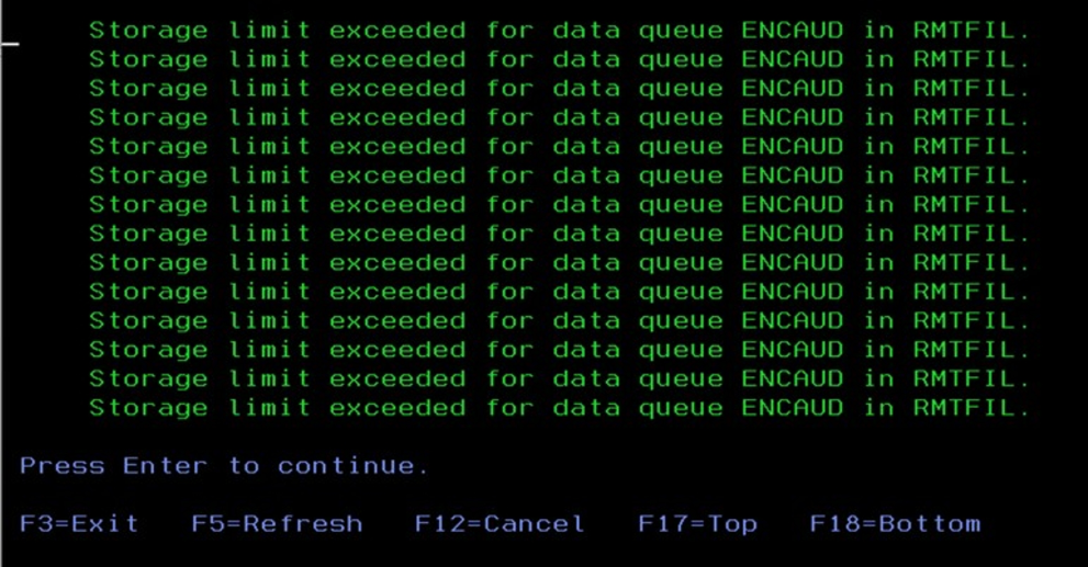 CPF950A - Storage limit exceeded for data queue ENCAUD in RMTFIL